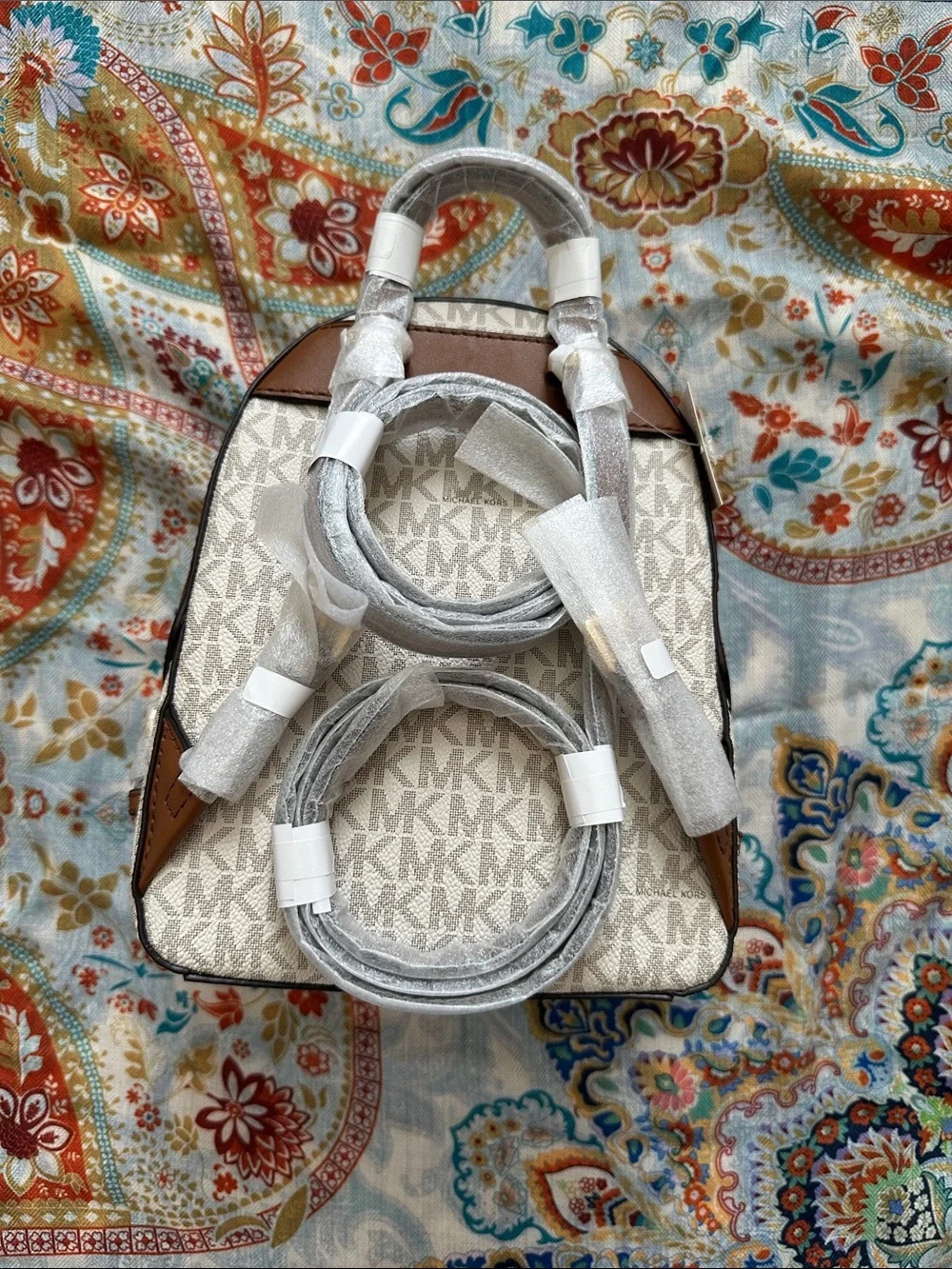 Michael Kors Beige Logo Mini Backpack with Brown Trim